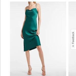 Express satin cowl neck midi dress with slit emerald green